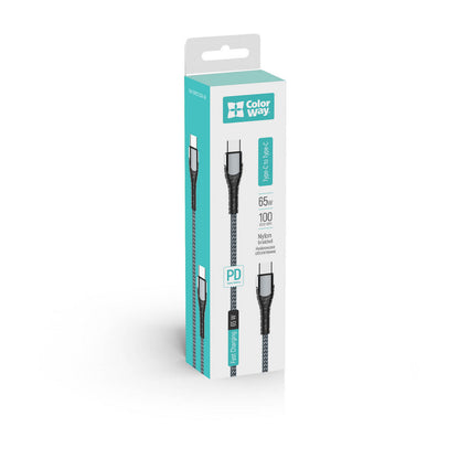 USB-C Data- og Opladningskabel - USB-C ColorWay CW-CBPDCC040, 65W, 1m, Grå