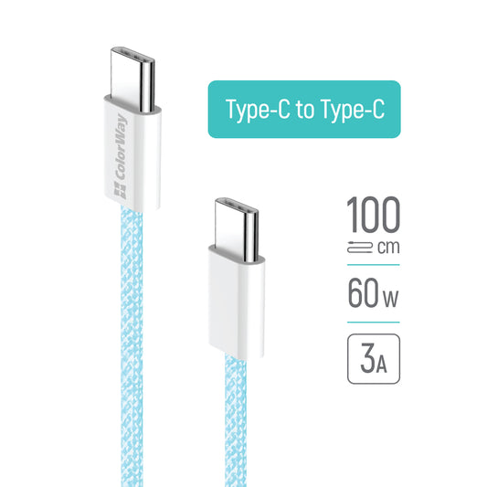 Data- og opladningskabel USB-C - USB-C ColorWay CW-CBPDCC061, 60W, 1m, Blå