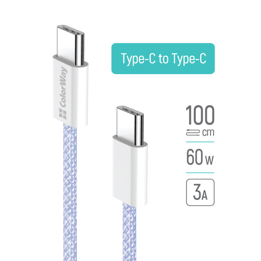 USB-C Data- og Opladningskabel - USB-C ColorWay CW-CBPDCC061, 60W, 1m, Lilla