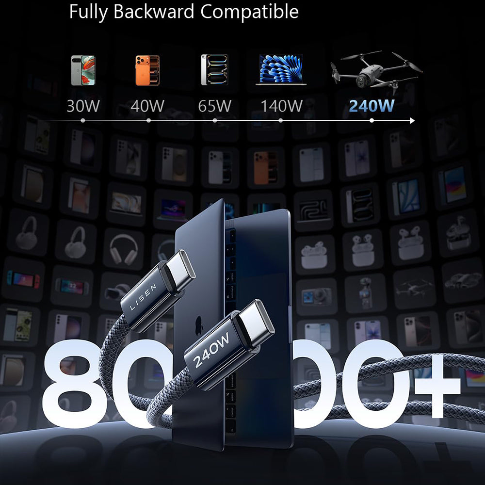 Data- og opladningskabel USB-C - USB-C Lisen, 240W, 2m, Sæt med 2 stykker, Marineblå YL0123070023