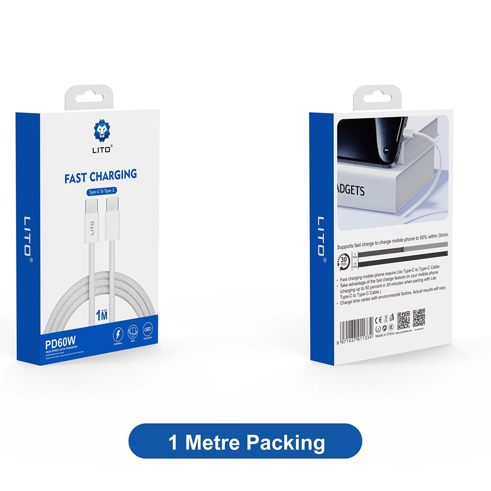 Data- og opladningskabel USB-C - USB-C Lito LD04CC, 60W, 1m, Hvid