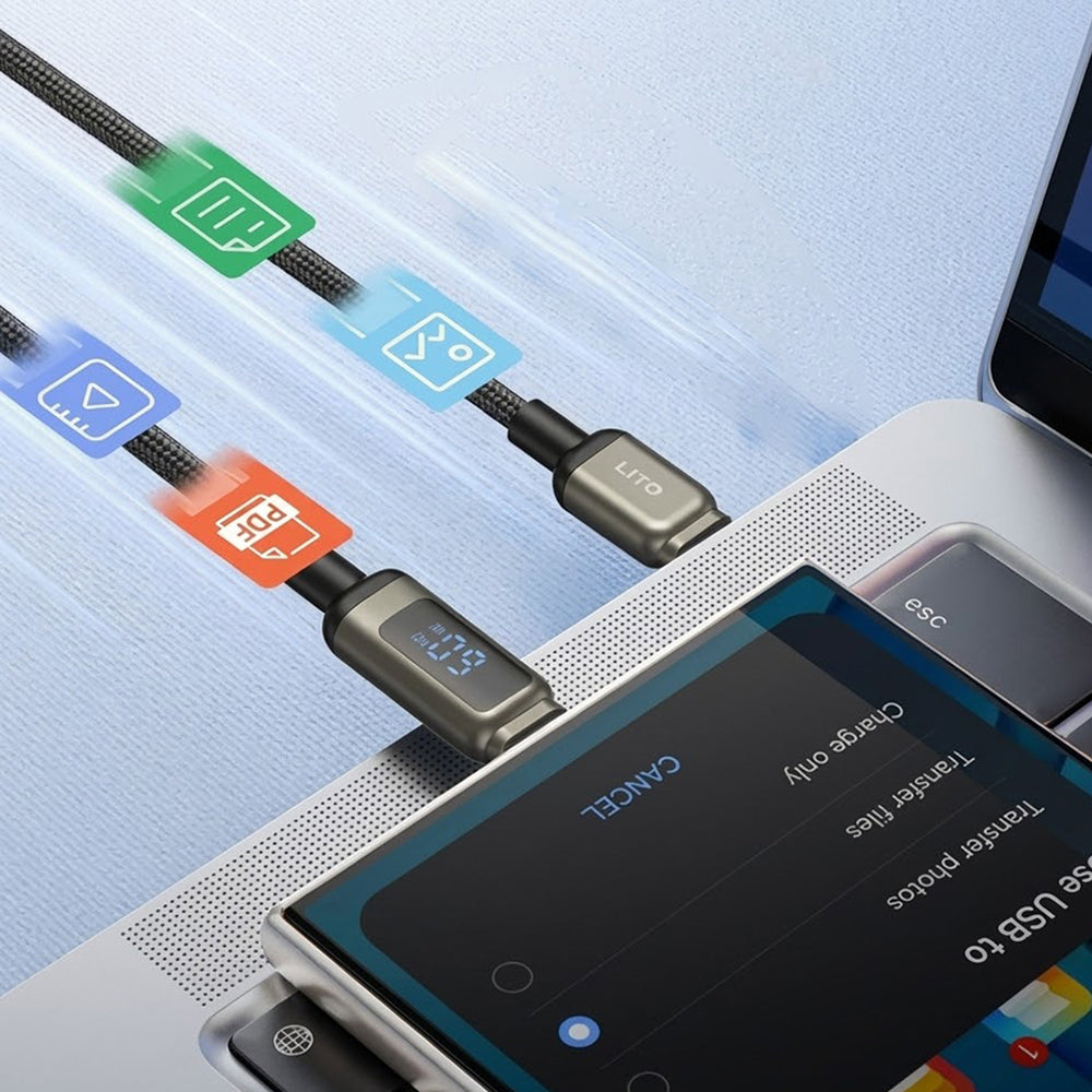 Data- og opladningskabel USB-C - USB-C Lito LD15 Display, 60W, 1m, Sort