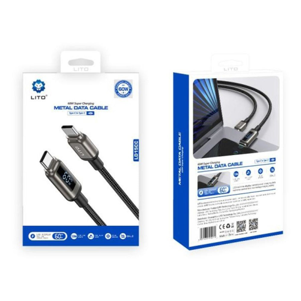Data- og opladningskabel USB-C - USB-C Lito LD15 Display, 60W, 1m, Sort