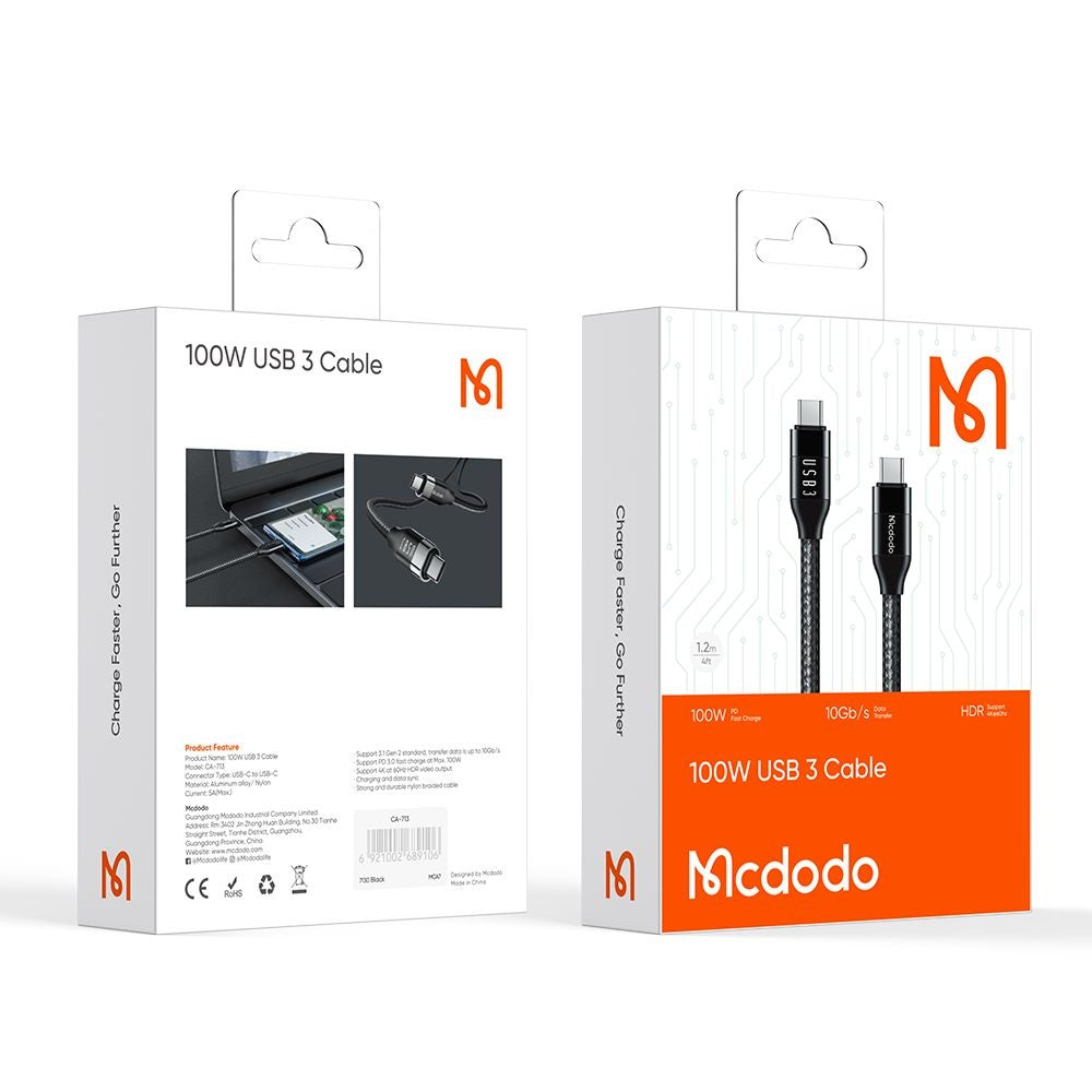 Data- og opladningskabel USB-C - USB-C McDodo CA-7132, 100W, 1.2m, Sort