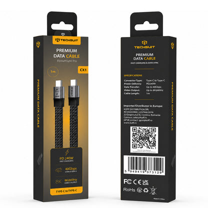 USB-C Data- og Opladningskabel - USB-C Techsuit ElysiumSync Pro CX1, 240W, 1m, Grå