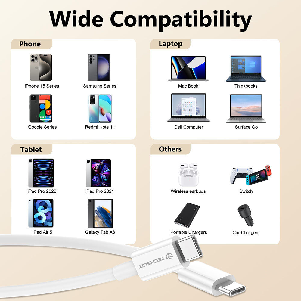 Data- og opladningskabel USB-C - USB-C Techsuit PCB130, 60W, 1m, Hvid