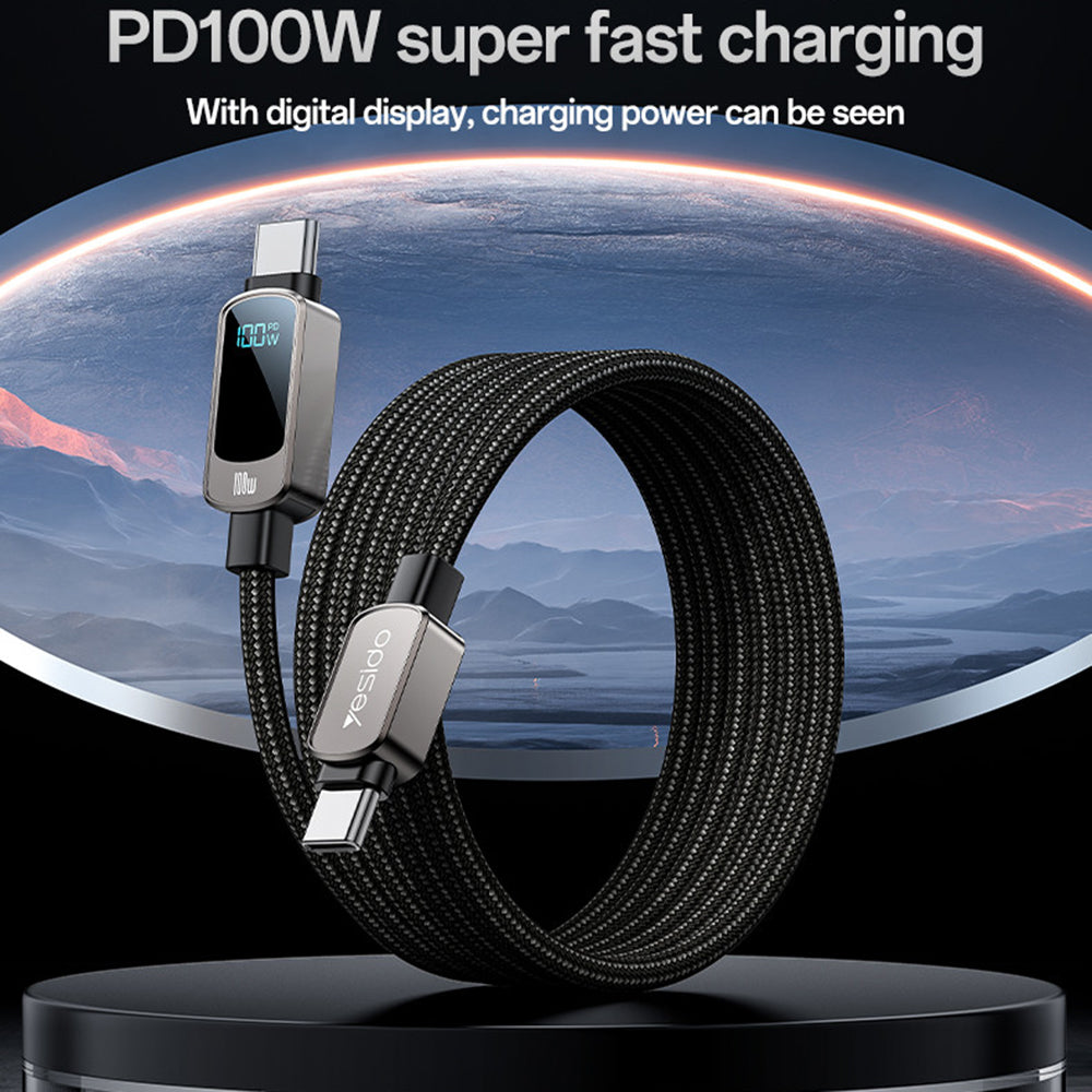 USB-C Data- og Opladningskabel - USB-C Yesido CA179 Display, 100W, 1.2m, Sort