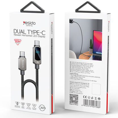 USB-C Data- og Opladningskabel - USB-C Yesido CA179 Display, 100W, 1.2m, Sort