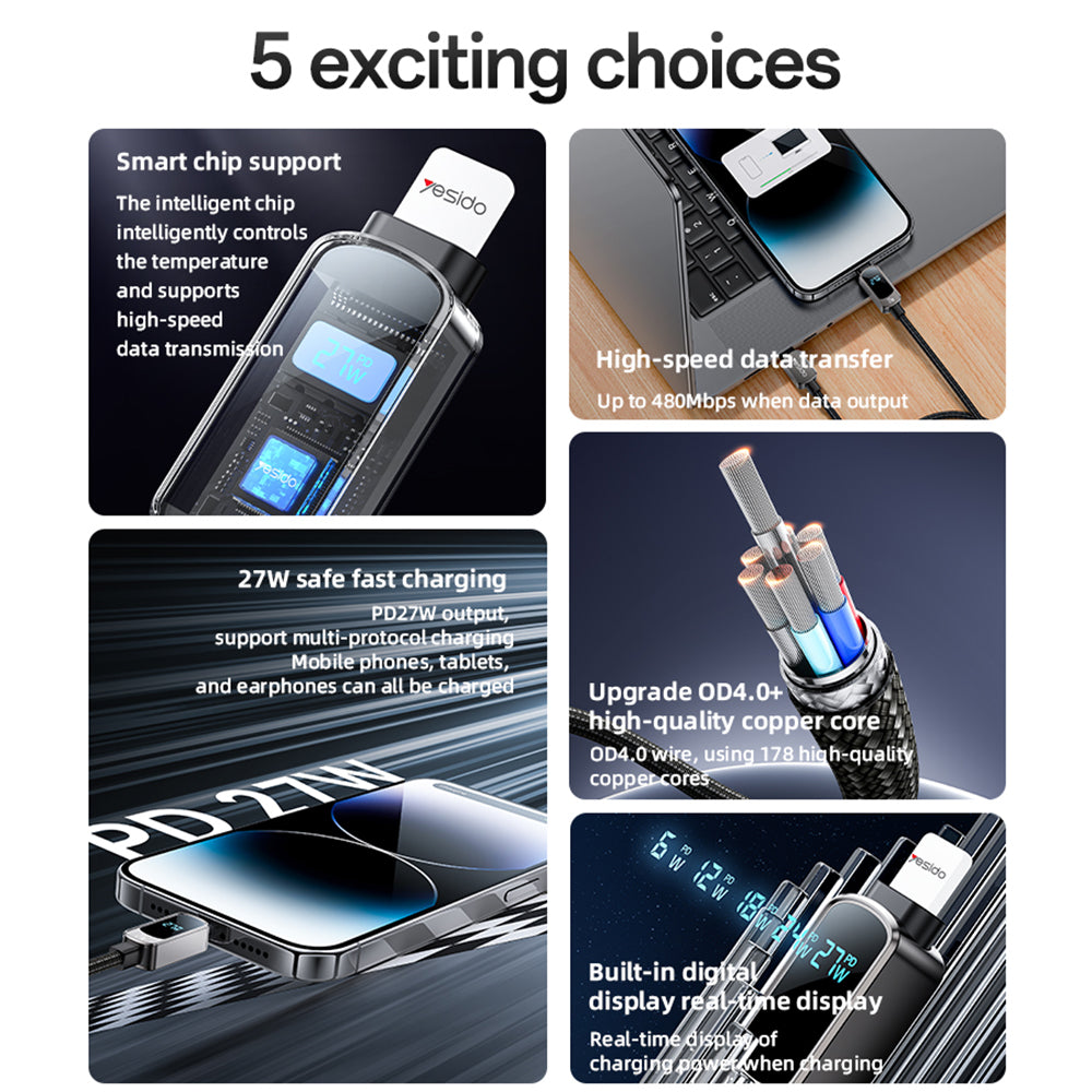 USB-C - USB-C data- og opladningskabel Yesido CA180 Display, 27W, 1.2m, Sort