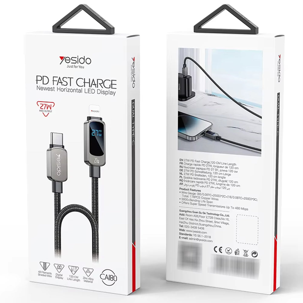 USB-C - USB-C data- og opladningskabel Yesido CA180 Display, 27W, 1.2m, Sort