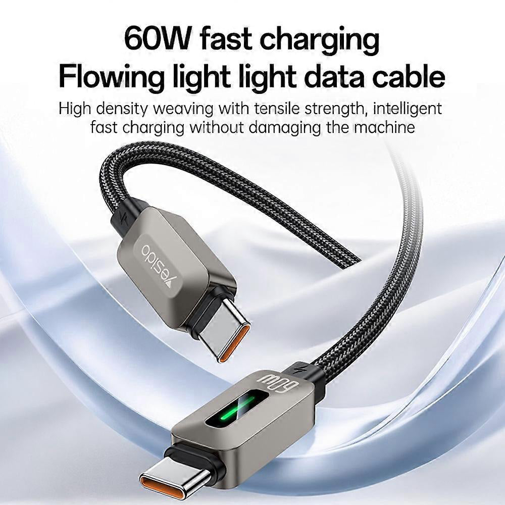 USB-C Data- og Opladningskabel - USB-C Yesido CA198, 60W, 1,2m, Sort