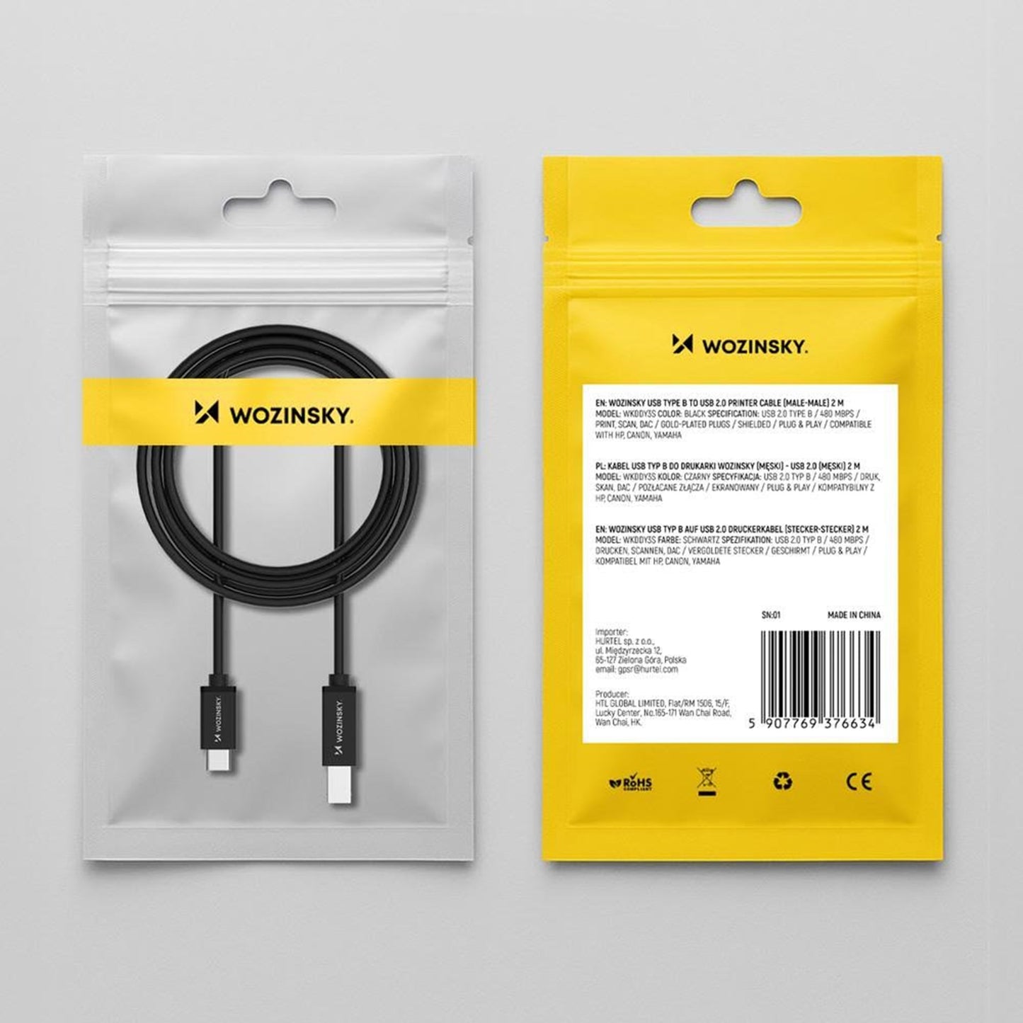 Printerkabel WZK WKDDY2S, USB-C - USB-B, 2m, Sort