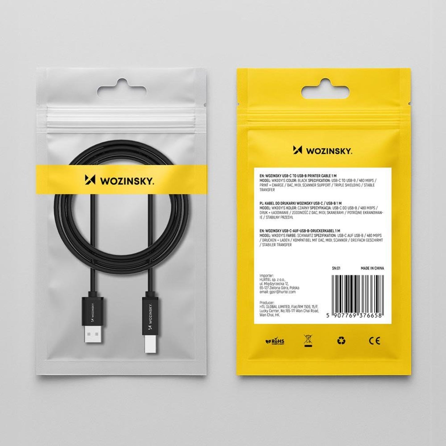 Printerkabel WZK WKDDY3S, USB-A - USB-B, 2m, Sort