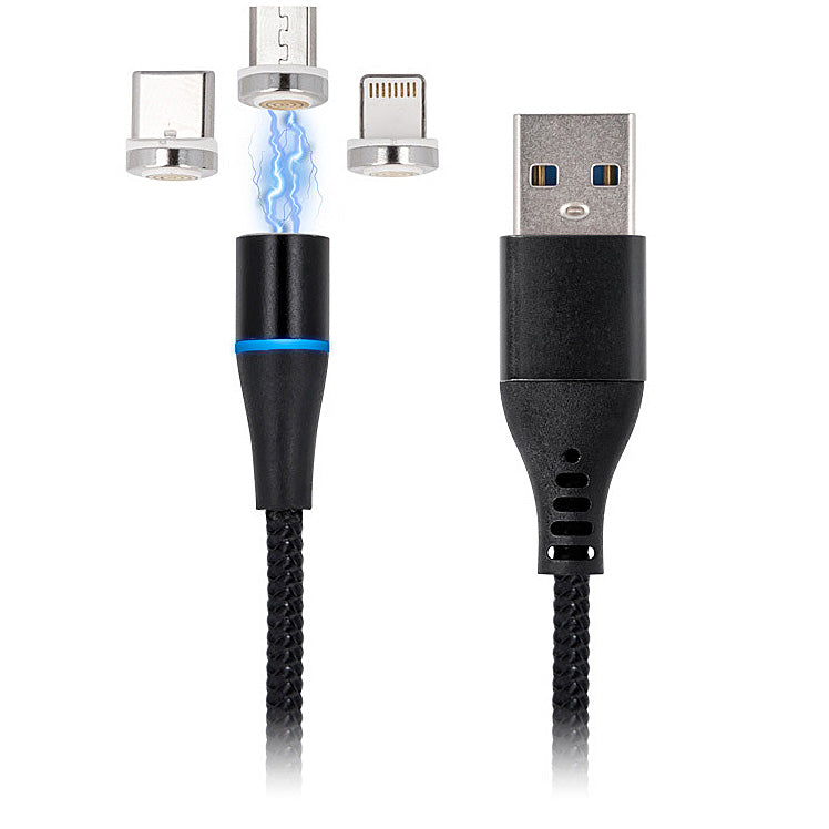 USB-A opladningskabel - Lightning / microUSB / USB-C MaXlife MXUC-02 Magnetisk 3i1, 18W, 1m, Sort