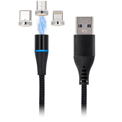 USB-A opladningskabel - Lightning / microUSB / USB-C MaXlife MXUC-02 Magnetisk 3i1, 18W, 1m, Sort