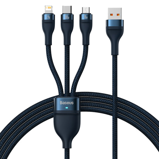USB-A opladerkabel - Lightning / microUSB / USB-C Baseus Flash Series II 3in1, 100W, 1.2m, Blå CASS030003