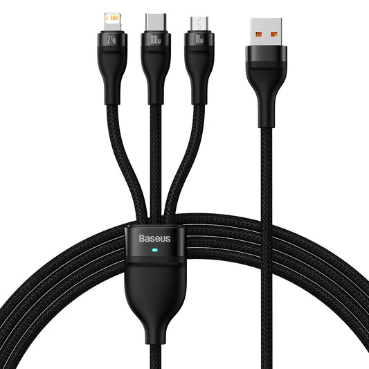 USB-A opladerkabel - Lightning / microUSB / USB-C Baseus Flash Series II 3in1, 100W, 1.2m, Sort CASS030001