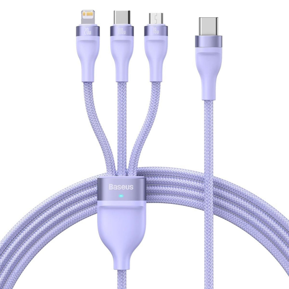 Opladerkabel USB-A - Lightning / microUSB / USB-C Baseus Flash Series II 3in1, 100W, 1,2m, Lilla CASS030005