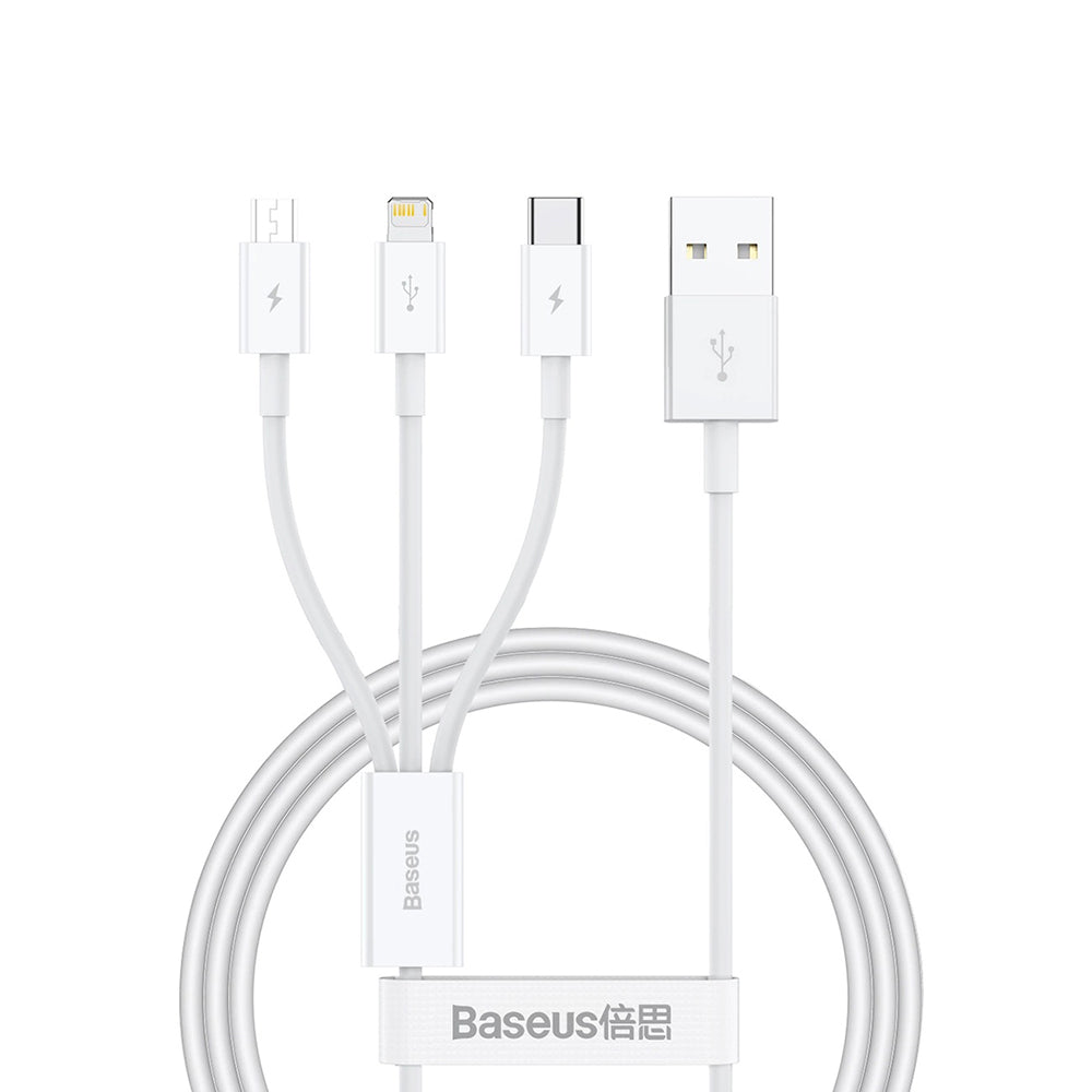 USB-A - Lightning / microUSB / USB-C Baseus Superior 3in1 Series opladerkabel, 20W, 1m, Hvid P10320105221-00