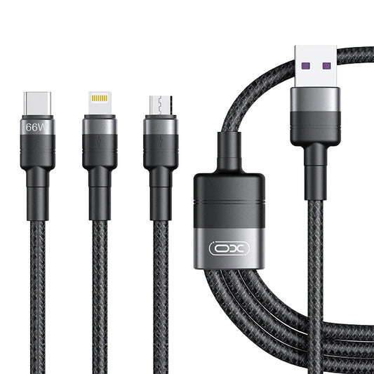 USB-A - Lightning / microUSB / USB-C opladerkabel XO Design NB-Q191 3in1, 66W, 1.2m, Sort