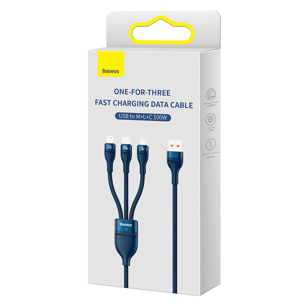 USB-A opladerkabel - Lightning / microUSB / USB-C Baseus Flash Series II 3in1, 100W, 1.2m, Blå CASS030003