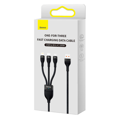 USB-A opladerkabel - Lightning / microUSB / USB-C Baseus Flash Series II 3in1, 100W, 1.2m, Sort CASS030001