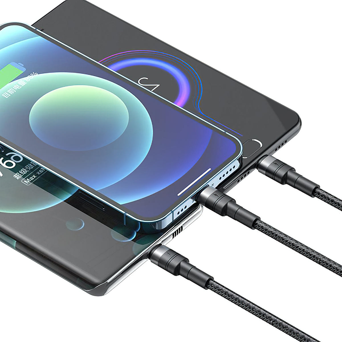 USB-A - Lightning / microUSB / USB-C opladerkabel XO Design NB-Q191 3in1, 66W, 1.2m, Sort