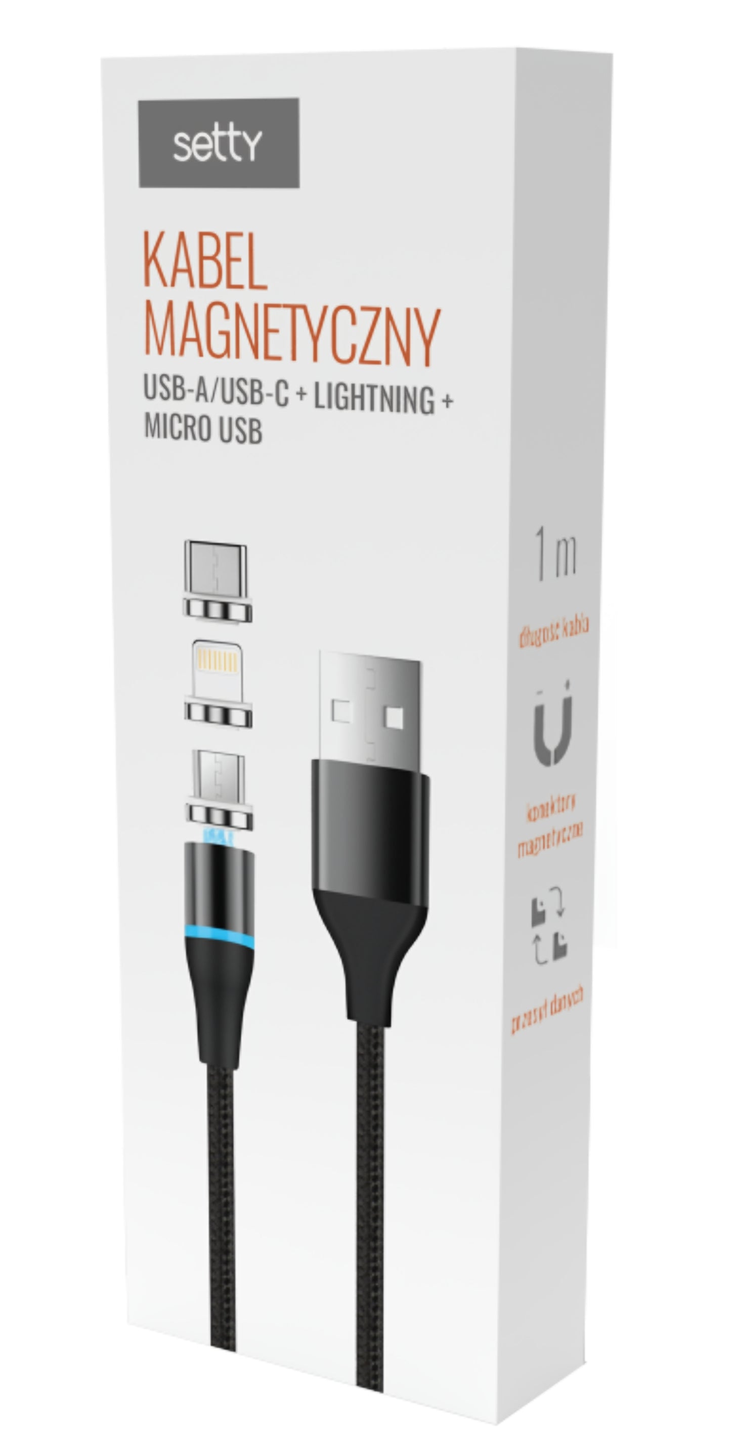 USB-A - Lightning / microUSB / USB-C Setty Magnetic DT 3in1 opladerkabel, 12.5W, 1m, Sort