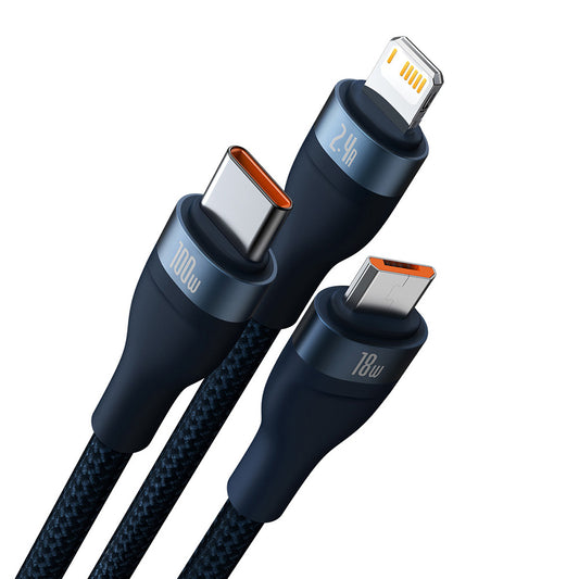 USB-A opladerkabel - Lightning / microUSB / USB-C Baseus Flash Series II 3in1, 100W, 1.2m, Blå CASS030003