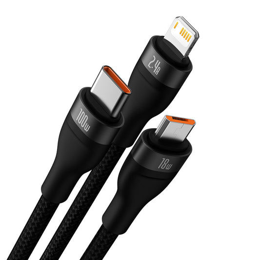 USB-A opladerkabel - Lightning / microUSB / USB-C Baseus Flash Series II 3in1, 100W, 1.2m, Sort CASS030001