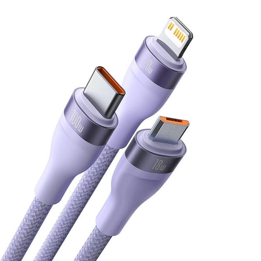 Opladerkabel USB-A - Lightning / microUSB / USB-C Baseus Flash Series II 3in1, 100W, 1,2m, Lilla CASS030005