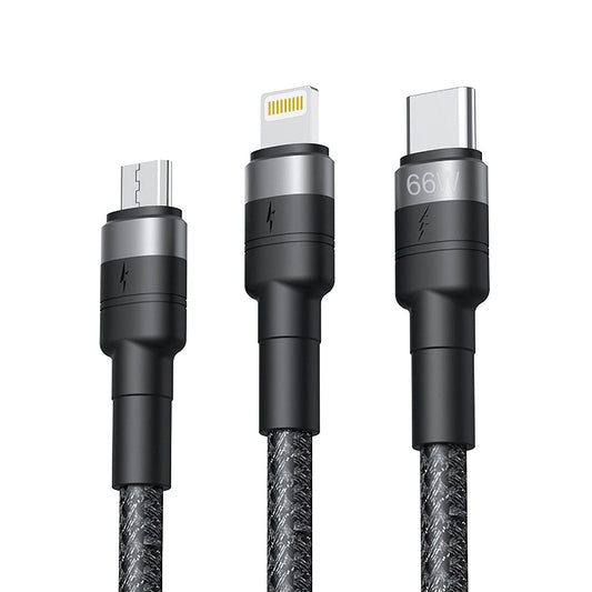 USB-A - Lightning / microUSB / USB-C opladerkabel XO Design NB-Q191 3in1, 66W, 1.2m, Sort