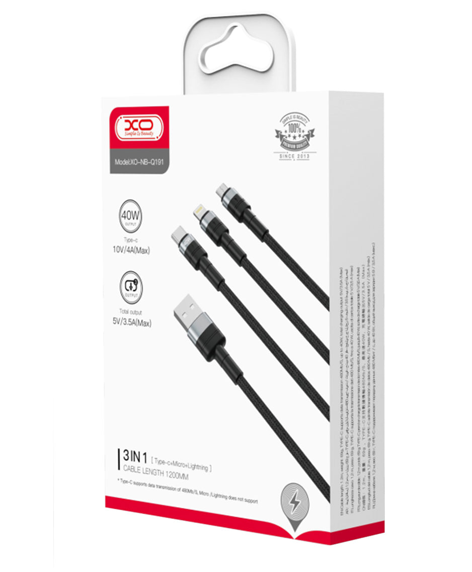 USB-A - Lightning / microUSB / USB-C opladerkabel XO Design NB-Q191 3in1, 66W, 1.2m, Sort