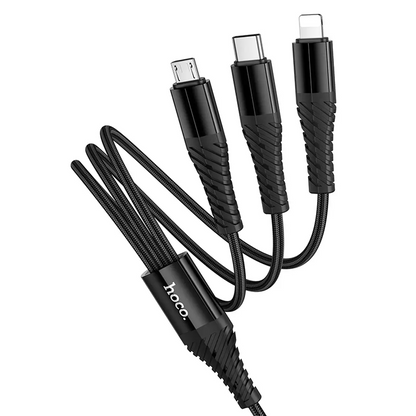 USB-A / USB-C opladningskabel - Lightning / microUSB / USB-C HOCO X123 3i1, 18W, 1m, Sort