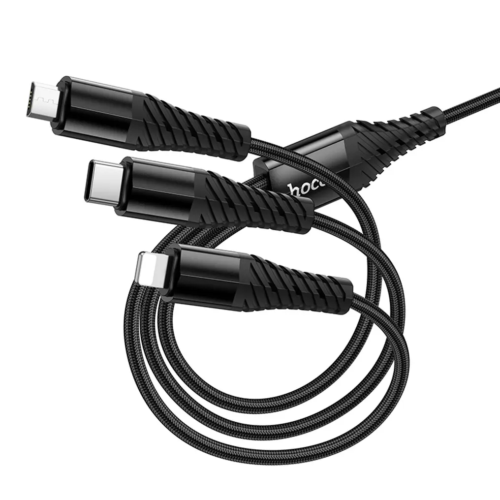 USB-A / USB-C opladningskabel - Lightning / microUSB / USB-C HOCO X123 3i1, 18W, 1m, Sort