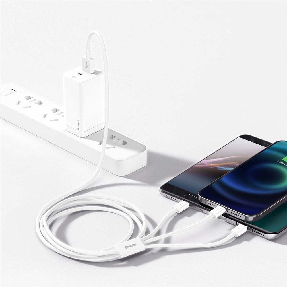 USB-A - Lightning / microUSB / USB-C Baseus Superior 3in1 Series opladerkabel, 20W, 1m, Hvid P10320105221-00