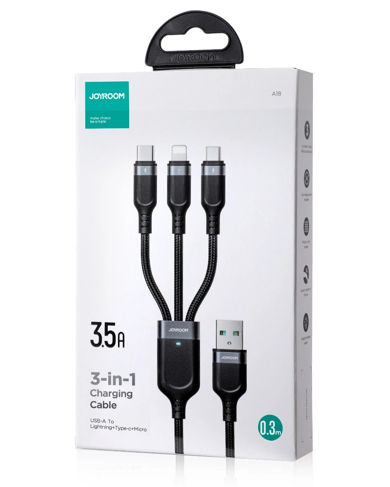 USB-A - Lightning / microUSB / USB-C Joyroom S-A18 3in1 opladerkabel, 20W, 0.3m, Sort