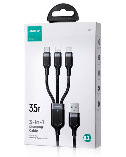 USB-A - Lightning / microUSB / USB-C Joyroom S-A18 3in1 opladerkabel, 20W, 0.3m, Sort