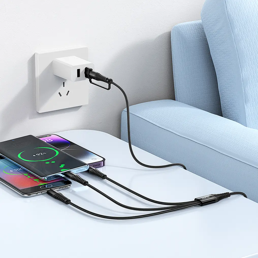 USB-A / USB-C opladningskabel - Lightning / microUSB / USB-C HOCO X123 3i1, 18W, 1m, Sort