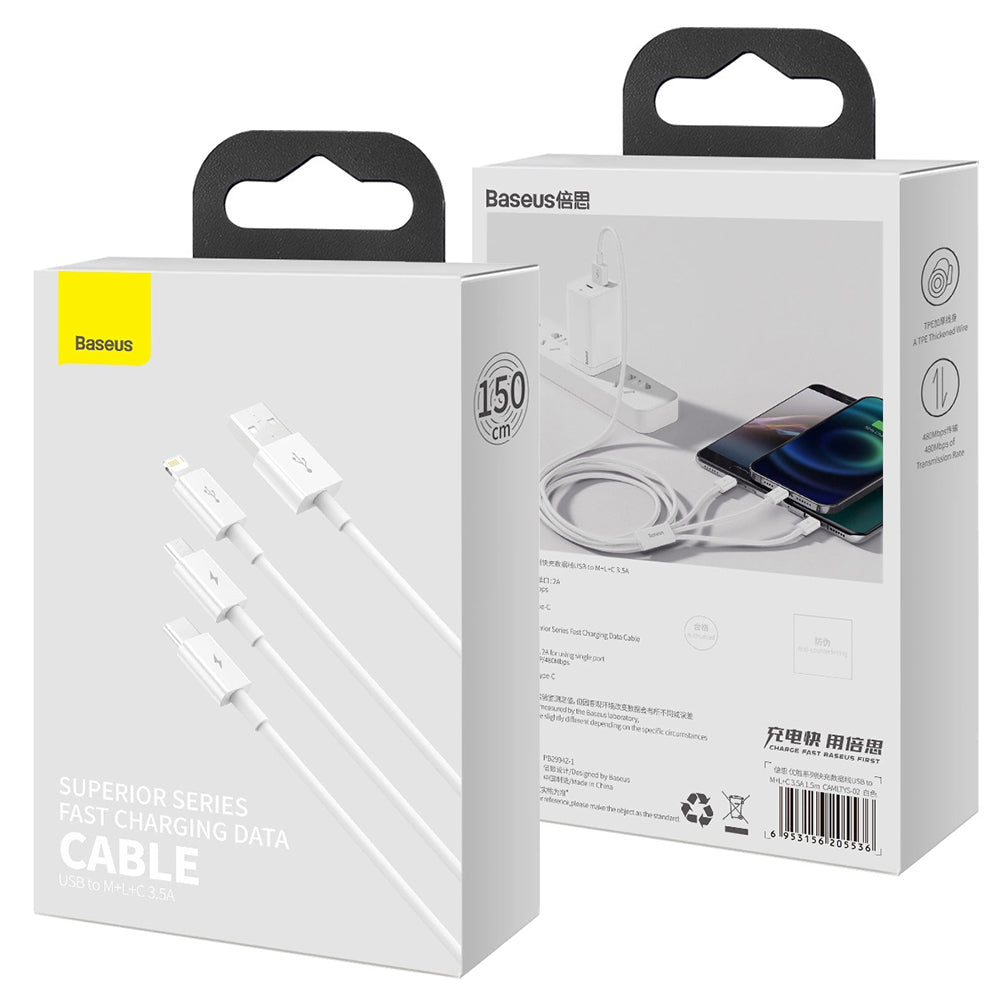 USB-A - Lightning / microUSB / USB-C Baseus Superior 3in1 Series opladerkabel, 20W, 1m, Hvid P10320105221-00