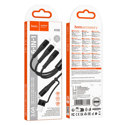 USB-A / USB-C opladningskabel - Lightning / microUSB / USB-C HOCO X123 3i1, 18W, 1m, Sort