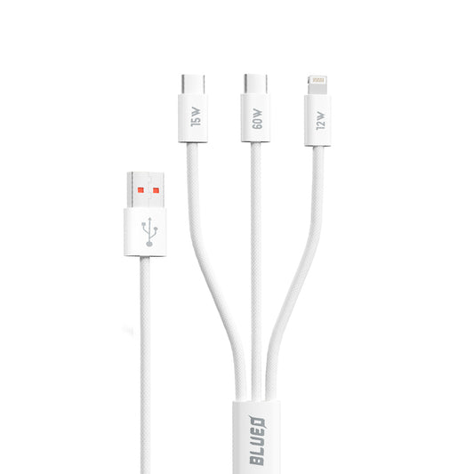 Opladerkabel USB-A - Lightning / 2 x USB-C Blueo, 75W, 1.2m, Hvid