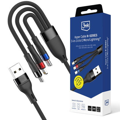 USB-A - Lightning / microUSB / USB-C 3MK Hyper N opladerkabel, 18W, 1.2m, Sort
