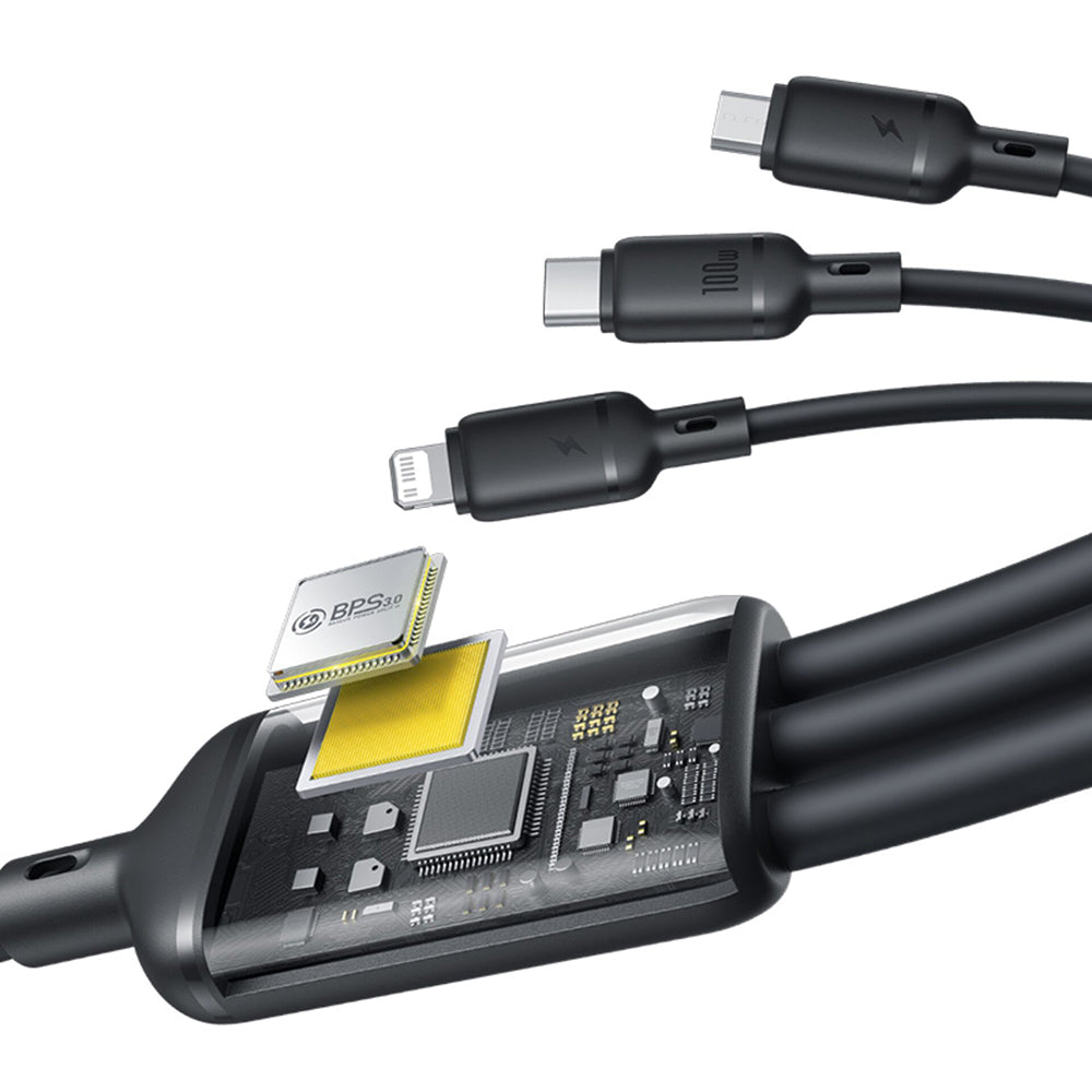 USB-A - Lightning / microUSB / USB-C Baseus Silky 3in1 opladerkabel, 100W, 1.5m, Sort P10377705123-00