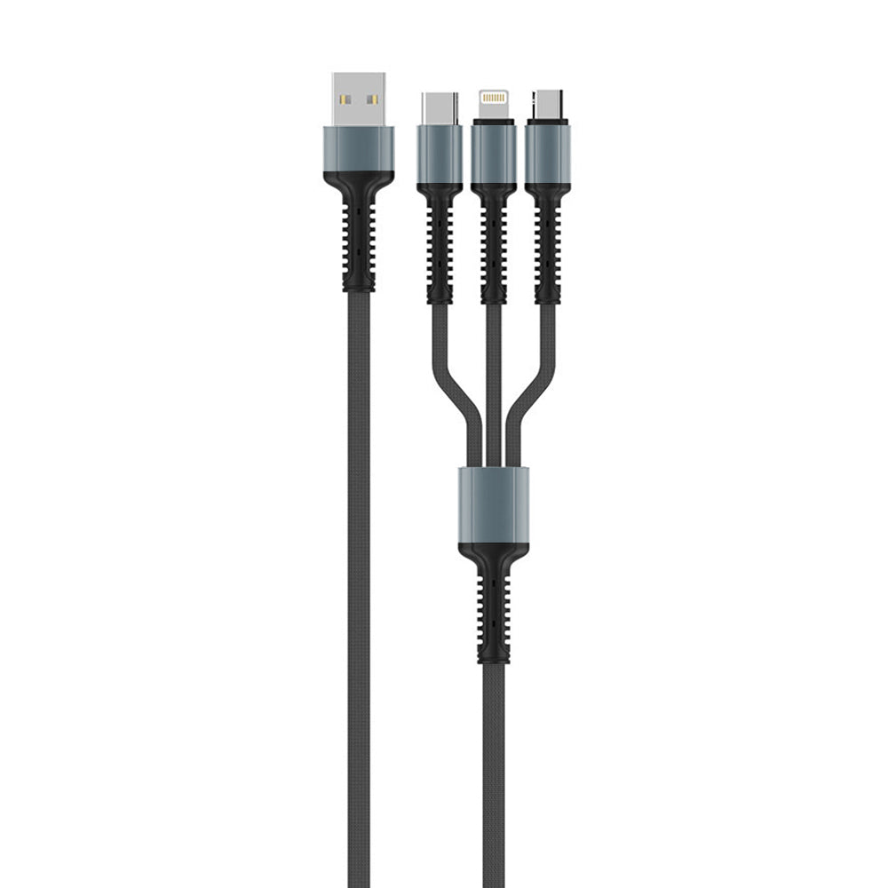 USB-A - Lightning / microUSB / USB-C opladerkabel ColorWay CW-CBU3003, 20W, 1.2m, Grå