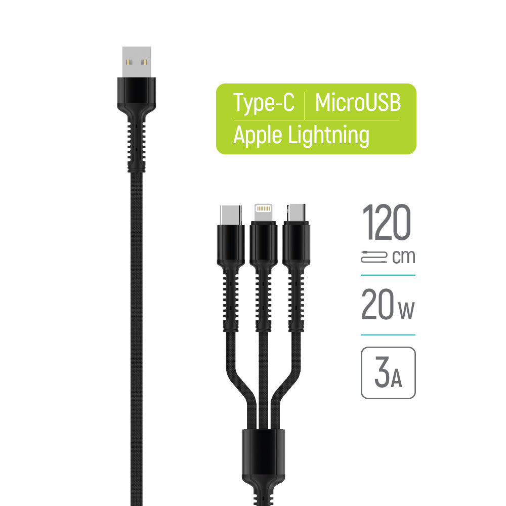 USB-A - Lightning / microUSB / USB-C opladerkabel ColorWay CW-CBU3003, 20W, 1.2m, Grå