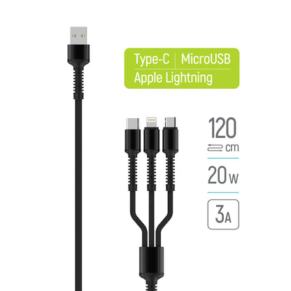 USB-A - Lightning / microUSB / USB-C opladerkabel ColorWay CW-CBU3003, 20W, 1.2m, Grå