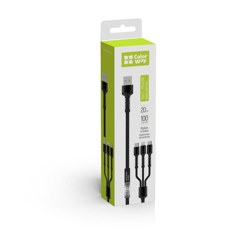 USB-A - Lightning / microUSB / USB-C opladerkabel ColorWay CW-CBU3003, 20W, 1.2m, Grå