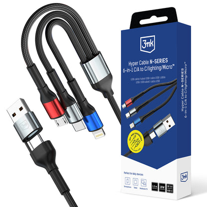 USB-A / USB-C opladerkabel - Lightning / microUSB / USB-C 3MK Hyper N, 18W, 1.2m, Sort