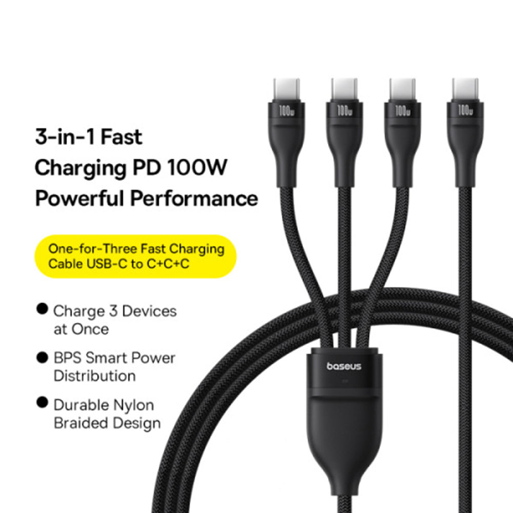 USB-C Opladerkabel - 3 x USB-C Baseus Flash Series III 3in1, 100W, 1.5m, Sort P10377503111-00